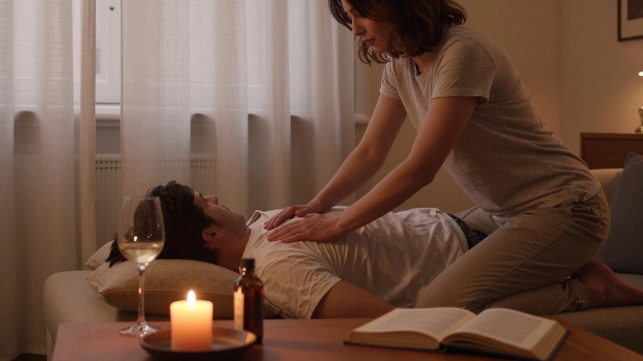 A gentle massage takes place in a softly lit Paris apartment with candlelight and open books.