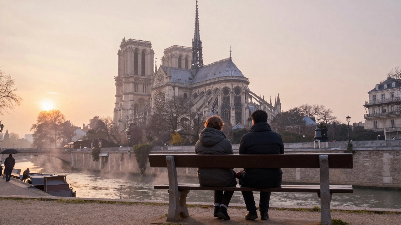 Two people sit together on a bench at sunrise by the Seine, watching Notre-Dame wake up.